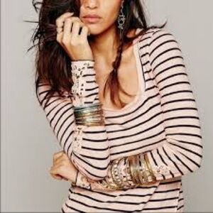 Free People Hard Candy Cuff Striped Lace Cuff Henley Shirt, size S